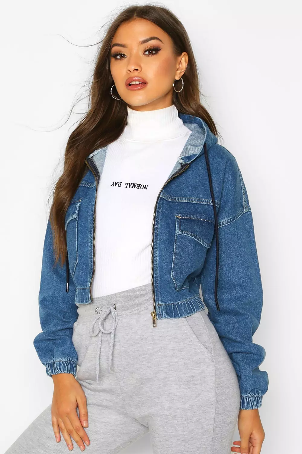 Denim hooded bomber discount jacket